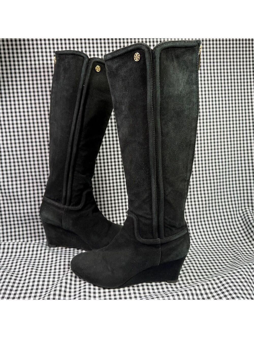 Tory Burch Womens 9 Black Suede Tall Wedge Boots Gold Logo Zip Knee High